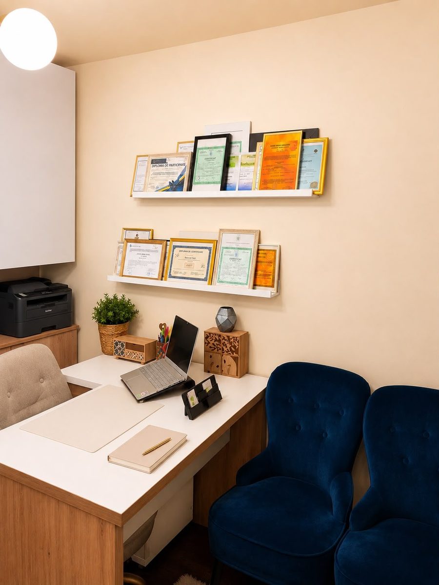 Birou de consultații, cu fotolii și diplomele echipei pe perete